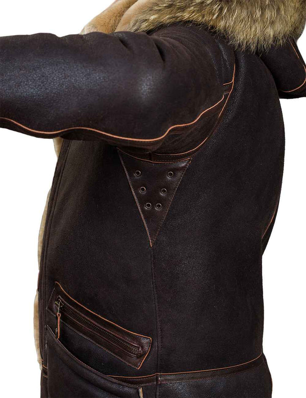 Side view of men's brown sheepskin coat.