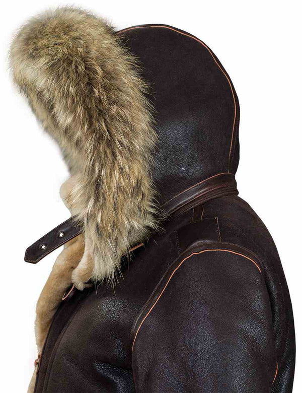 Men's brown sheepskin coat hood.