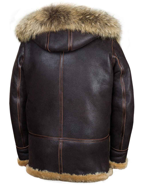 Back of a men's brown sheepskin coat.