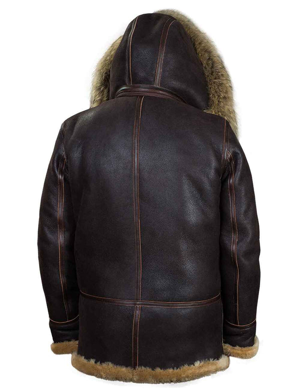Back of a men's brown sheepskin coat.