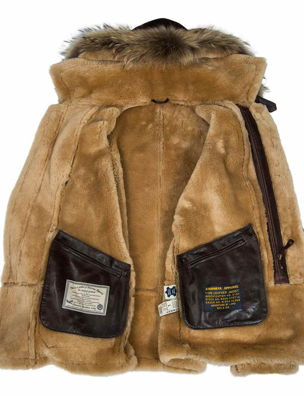 Men's sheepskin coat with a hood.