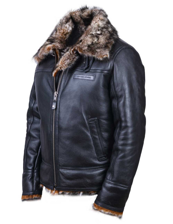 Black leather jacket with fur on a white background.
