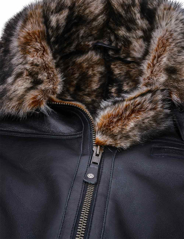 Zipper on black leather jacket with brown fur.