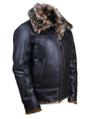 Black leather jacket with fur on a white background.
