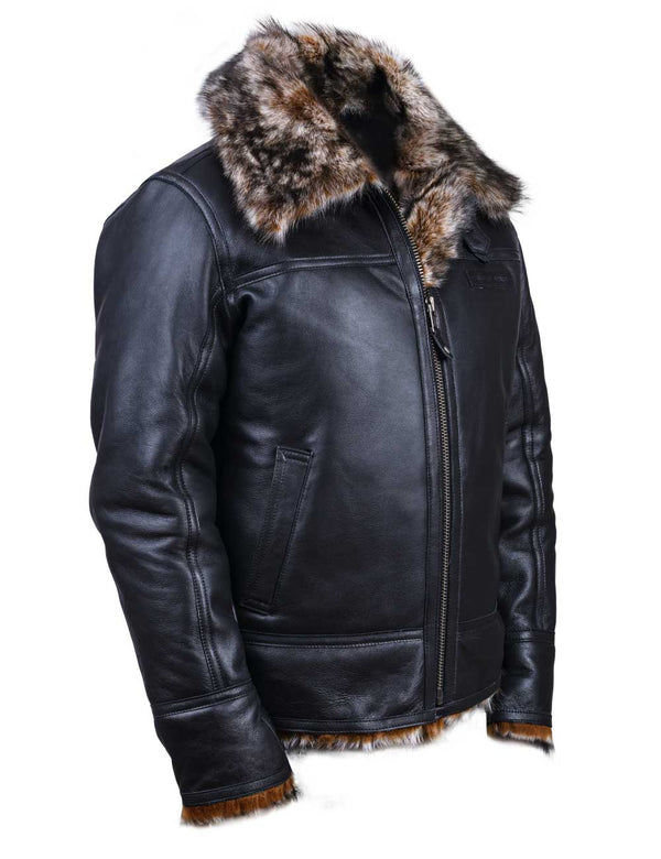 Black leather jacket with fur on a white background.