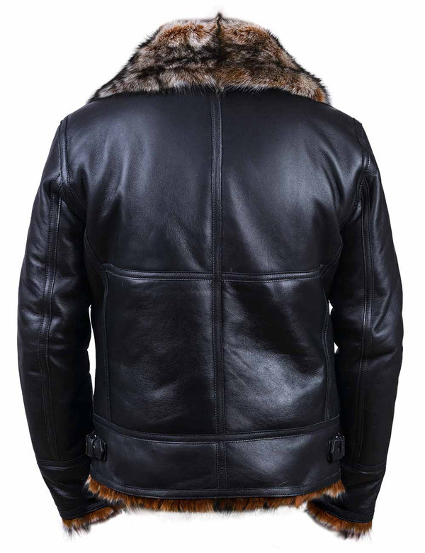 Black leather jacket with fur on a white background.