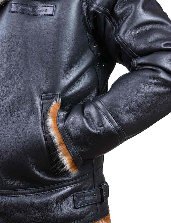Side part of black leather jacket with fur on white background.