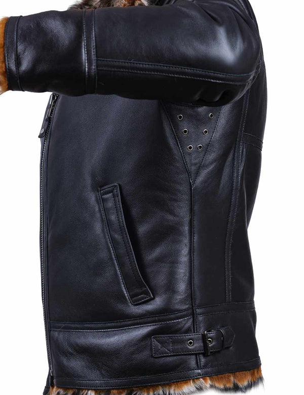 Side part of a black leather jacket with fur.