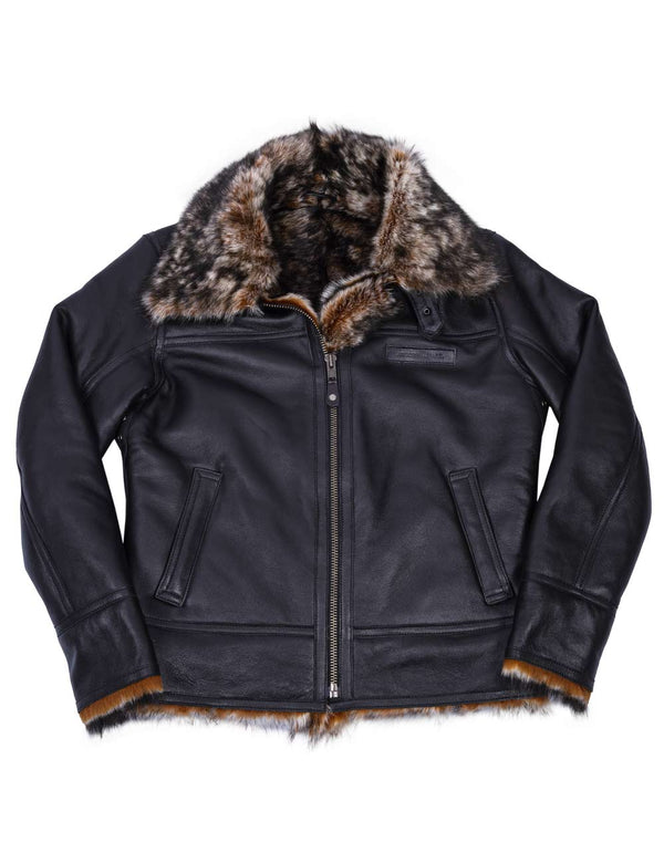 Black leather jacket with fur trim on a white background.