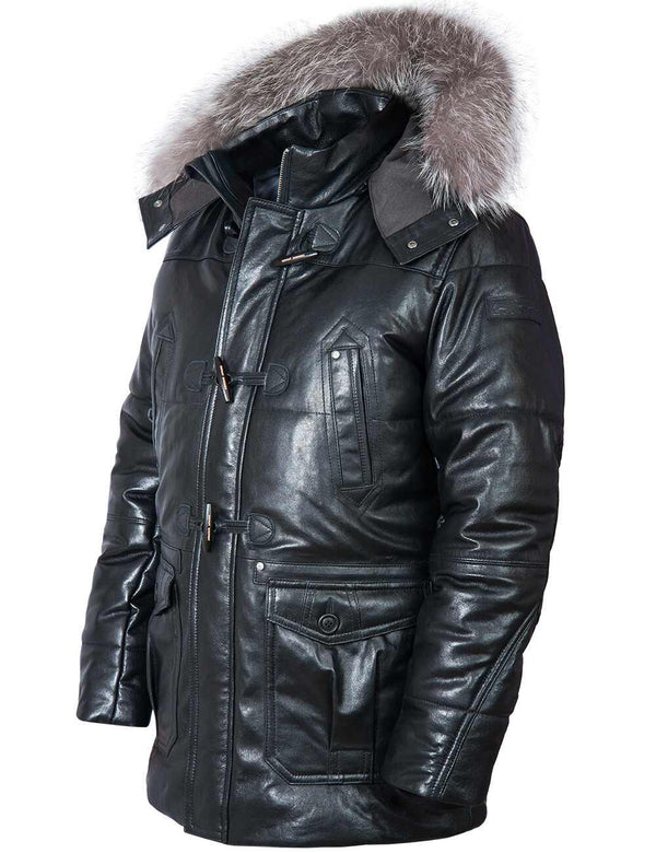 Men's black leather down jacket.