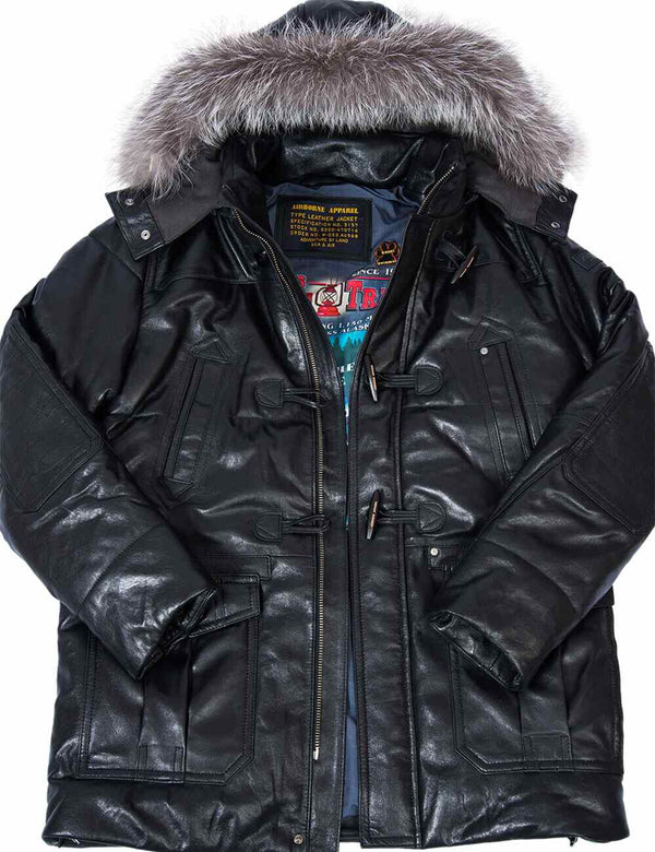Men's black leather down jacket.