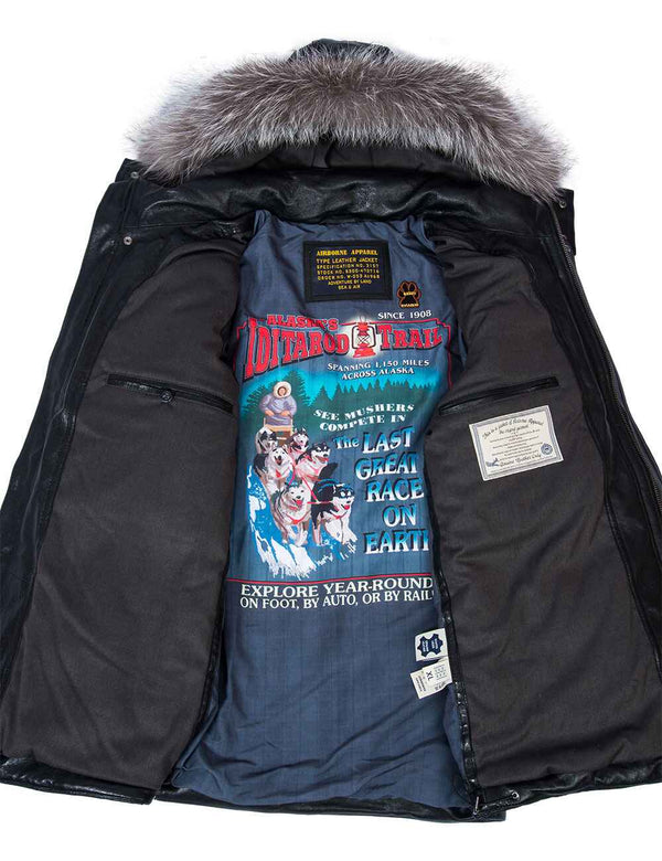 Men's black leather down jacket.