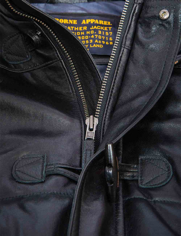 Metal zipper of men's leather down jacket.