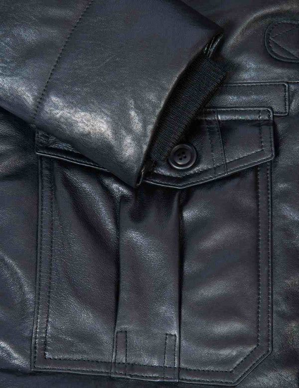 Pocket of a men's black leather down jacket.