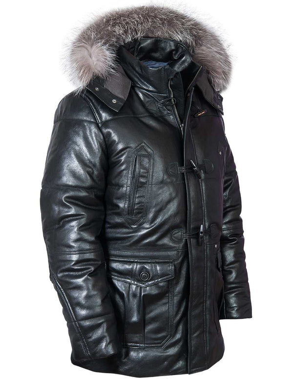 Men's black leather down jacket.