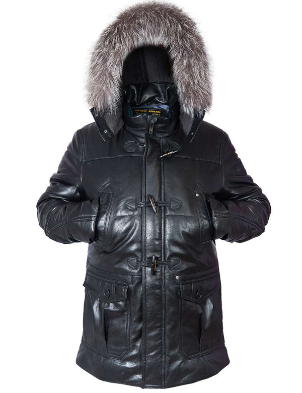 Men's black leather down jacket.