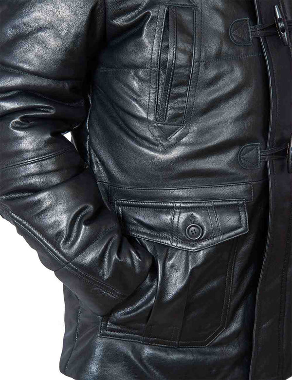 Part of a men's black leather down jacket.