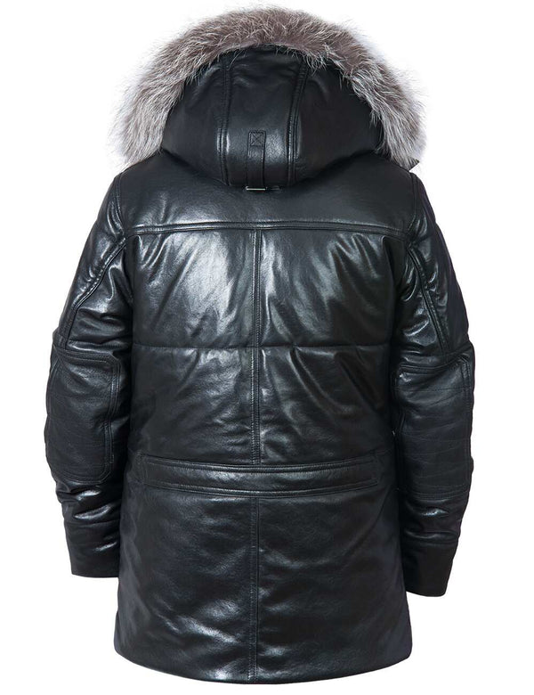 Back of men's black leather down jacket.