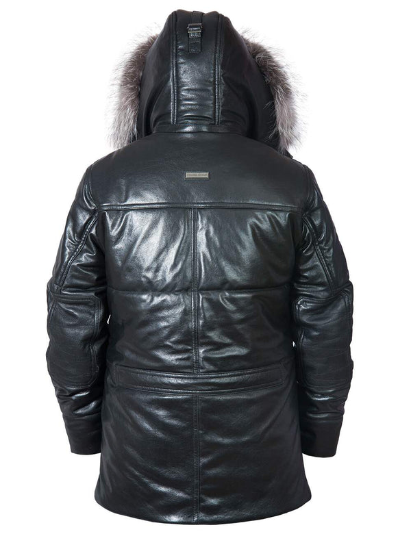 Back of a men's leather down jacket.