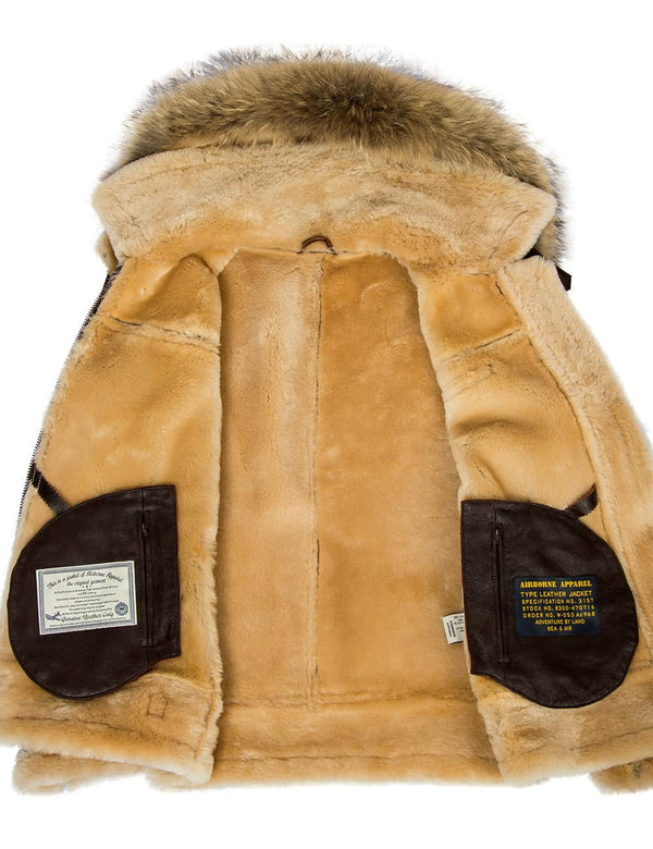 Men's brown sheepskin jacket with a hood, unbuttoned, beige fur is visible.