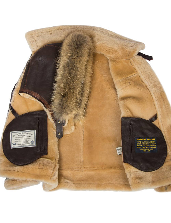 Men's brown sheepskin coat with a hood, unbuttoned, beige fur is visible.