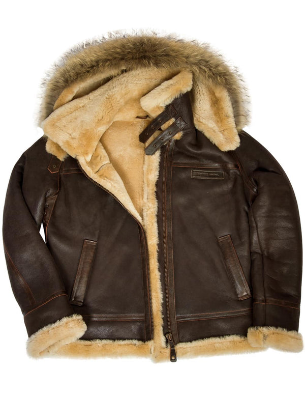 Men's brown sheepskin jacket with a hood, unbuttoned.