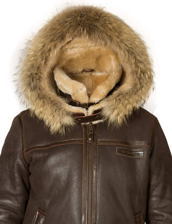 Top part of a men's brown sheepskin  jacket with hood.
