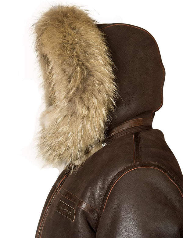Side top of men's brown sheepskin jacket with hood.