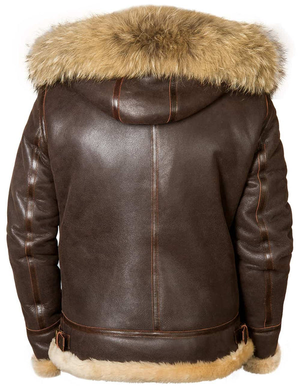 Men's brown sheepskin jacket with hood, back view.