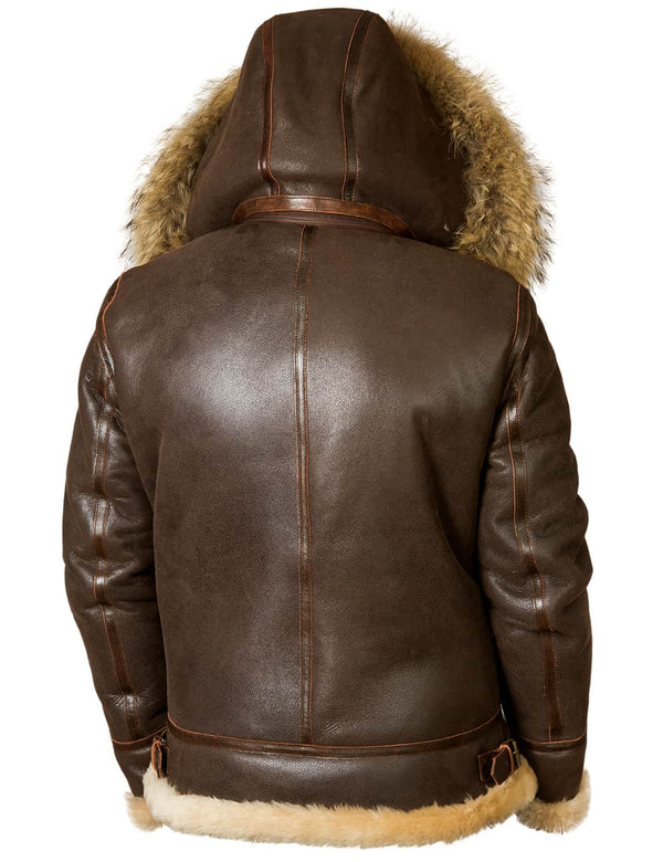 Men's brown sheepskin coat with hood, back view.