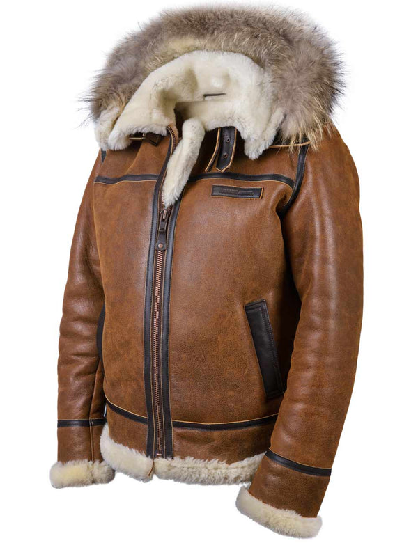 A ginger sheepskin jacket with hood.