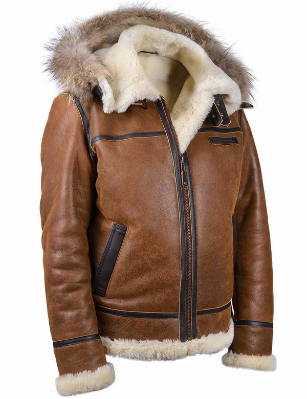 A ginger sheepskin jacket with hood.