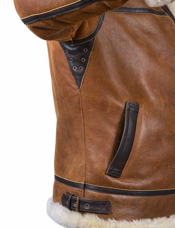 Side view of orange shearling jacket.