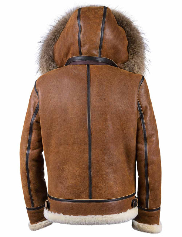 A ginger sheepskin jacket with raccoon fur trimmed hood, back view.
