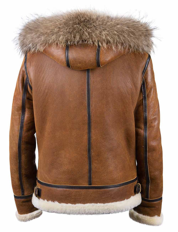 A ginger sheepskin jacket with raccoon fur trimmed hood, back view.