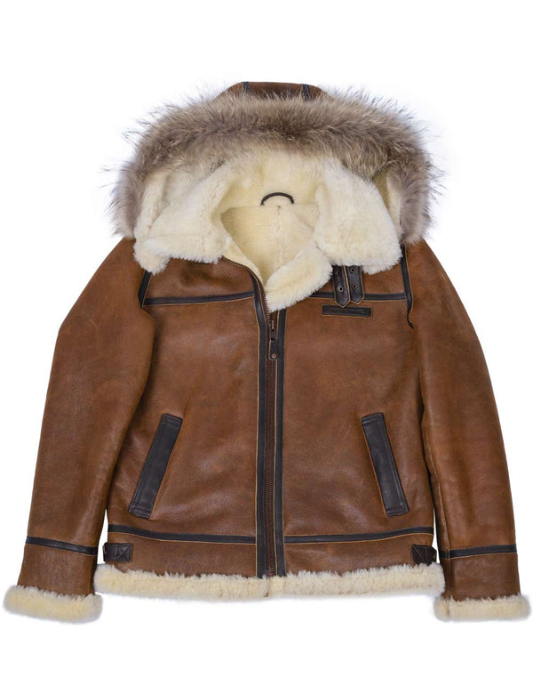 A ginger sheepskin jacket with raccoon fur trimmed hood.