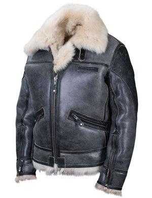 Grey leather jacket with fur collar and cuffs on a white background.