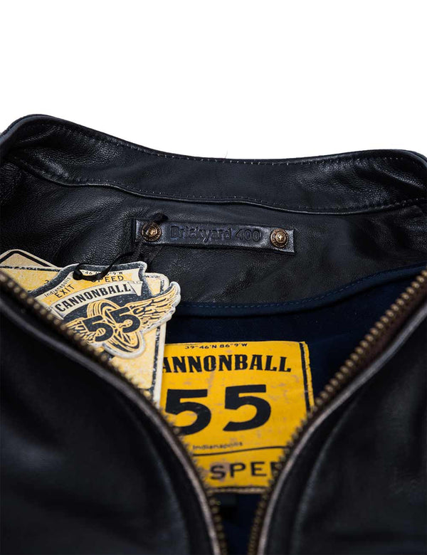 Yellow tag on a men's black leather jacket.