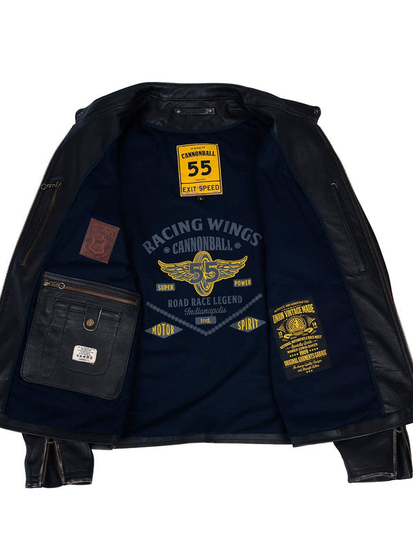 Black men's leather jacket unbuttoned, revealing blue lining with a bright pattern and internal pockets.