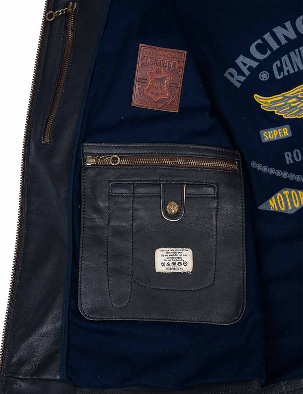 Interior zipped pockets on black leather jacket.