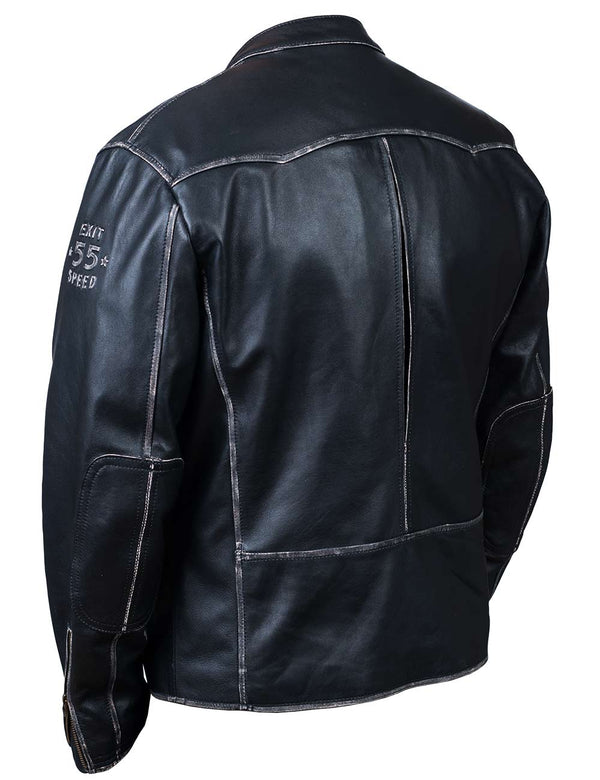 Black men's leather jacket with bleached seams, back view.