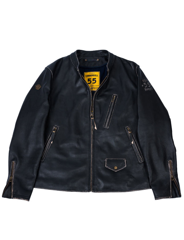Men's black leather jacket with patina on the seams.