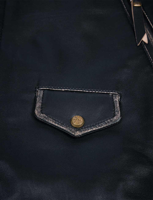 Button flap on men's black leather jacket.