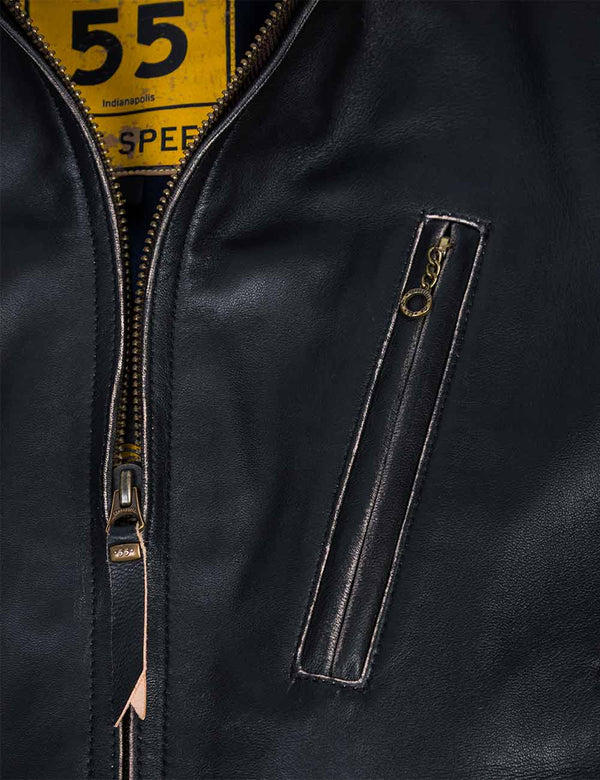 Zippered pocket on the chest of a men's black leather jacket.