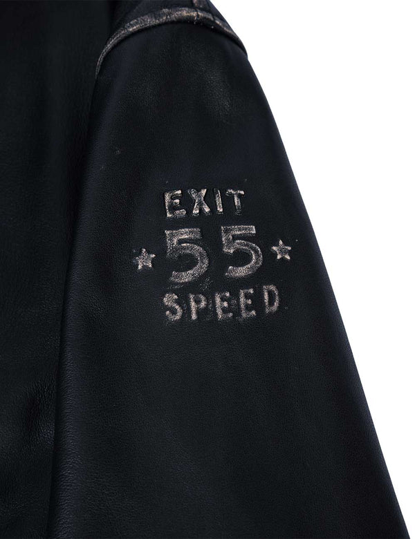 Embossing on the sleeve of a men's black leather jacket.