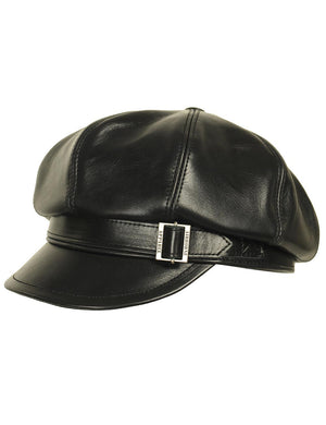 Men's black leather eight-panel cap.