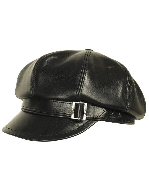 Men's black leather eight-panel cap.