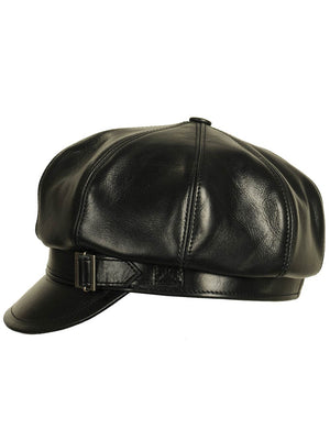 Men's black leather eight-panel cap with strap, side view.
