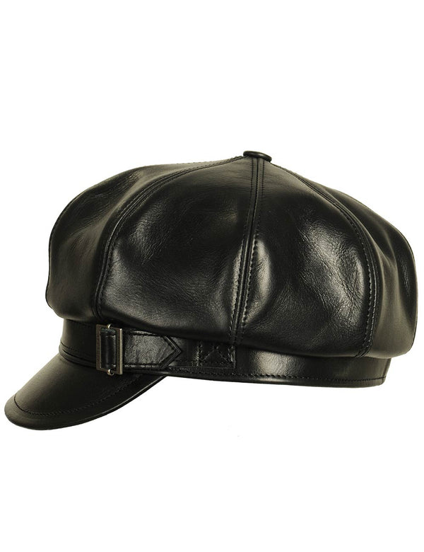 Men's black leather eight-panel cap with strap, side view.