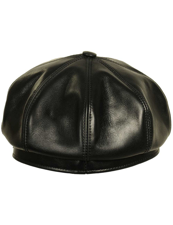 Men's black leather eight-panel cap, back view.